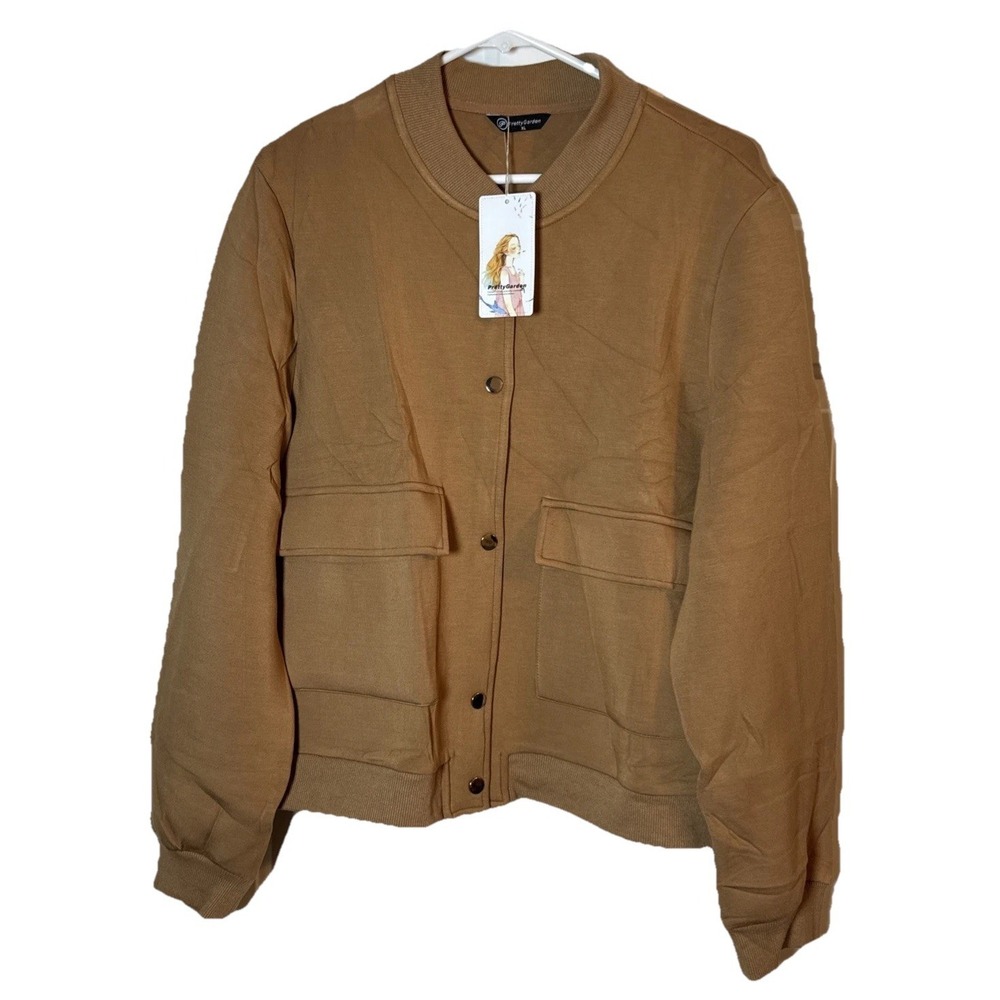 PrettyGarden Women's XL Brown Bomber Jacket Snap Button Casual Lightweight Coat